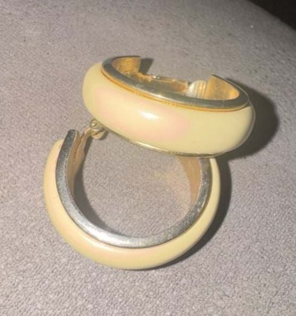 Vintage Avon Gold-Tone and Cream Enamel Hoop Pierced Earrings